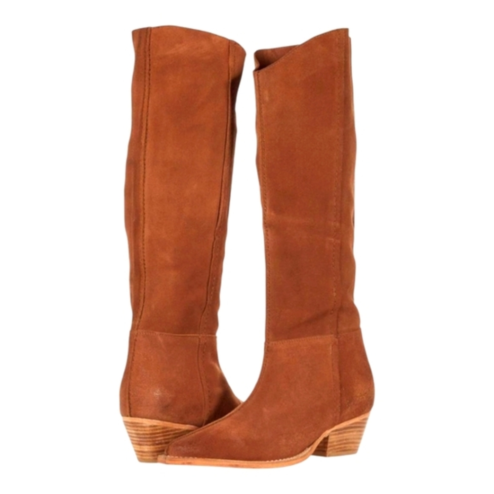 Free People Sway Low Slouch Boots Tan pointed Toe Stacked Heel Size 36.5 6 41 US - Picture 7 of 13